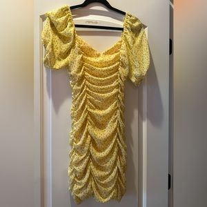 Yellow Floral Puff Sleeve Ruched Dress